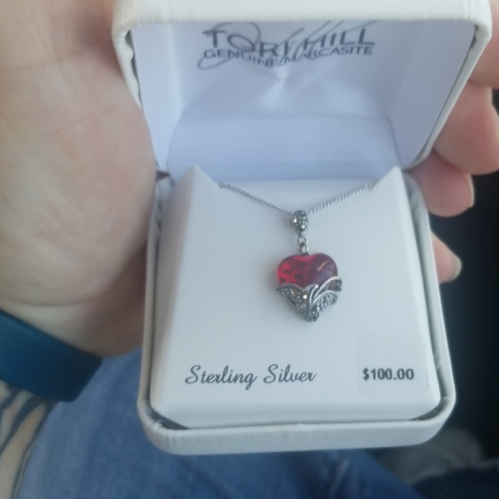 Sterling silver genuine marcasitie&red glass heart